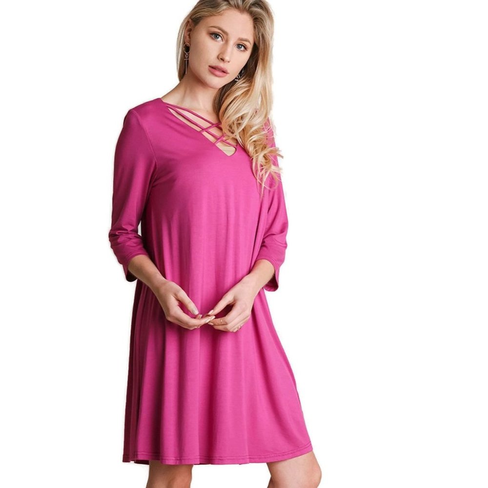 Umgee Crossed Neck Shift Dress, Raspberry - Picture 2 of 3